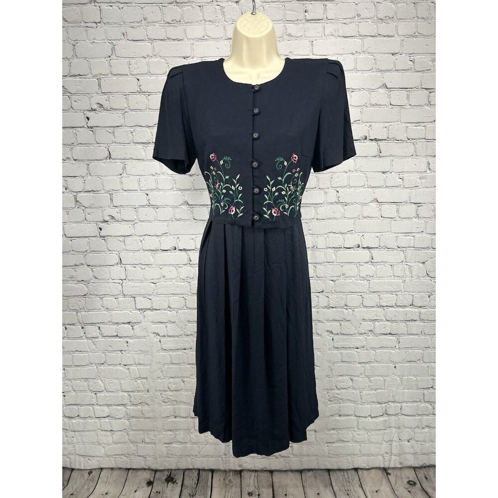VTG Peri Petites Dark Blue Cottage Core Embroidered Layered Pleated Dress 6